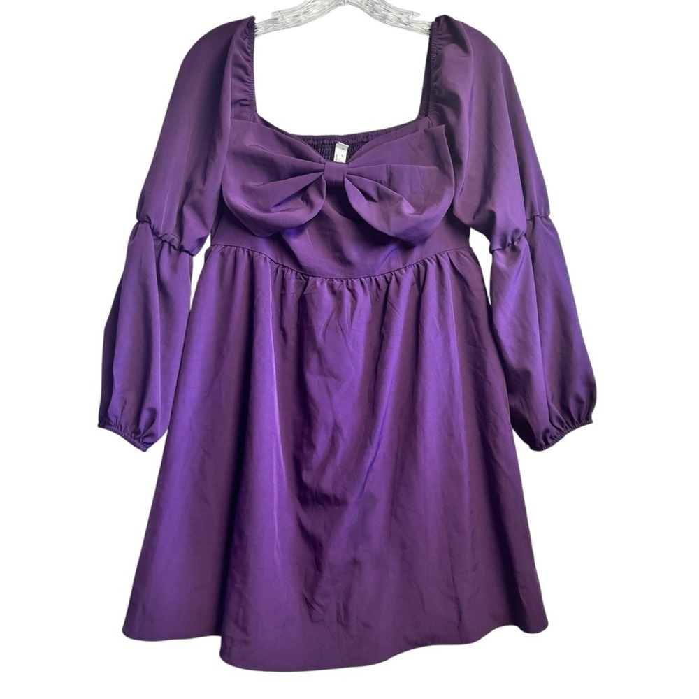 EXLURA‎ Women's Purple Square Neck Puff Sleeve Bow Smocked Babydoll Mini Dress M